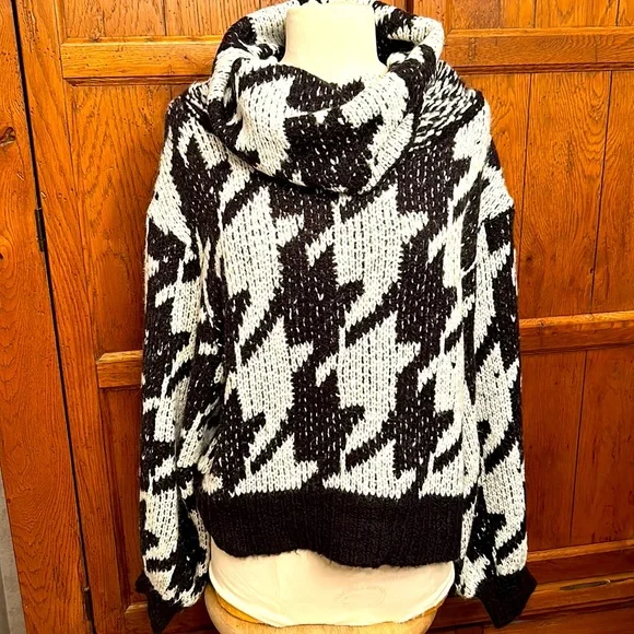 ELAN Houndstooth SWEATER Chunky Cowl Neck Balloon Slouch Sleeves Size MEDIUM - Picture 2 of 9